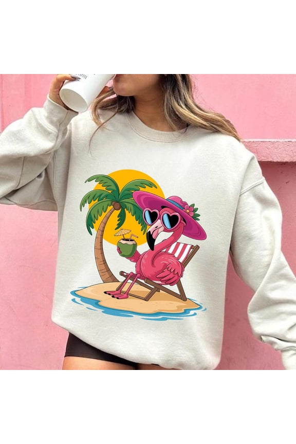 Flamingo Beach Sweatshirt, Preppy Summer Vacation Tee, Cute Pink Flamingo and Palm Graphic SWEATSweatshirtfor Beach Vibes