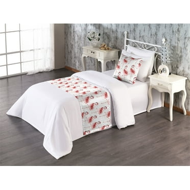 Flamingo Bed Runner Set, Hawaiian Themed Pattern of Summer Bird Print Watercolor Concept, Decorative Bedding Scarf & a Pillow Sham for Hotels Homes, Twin, Pastel Pink Grey and White, by Ambesonne