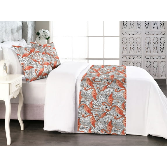 Flamingo Bed Runner Set, Wild Nature Themed Linear Palm Leaves Tropical Background With Exotic Bird Art, Decorative Bedding Scarf & 2 Pillow Shams for Hotels Homes, Queen, Salmon White, by Ambesonne
