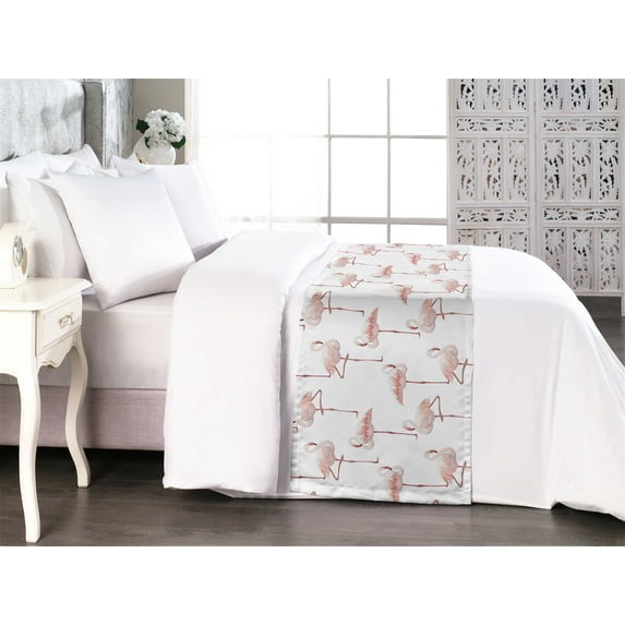 Flamingo Bed Runner, Wild Nature Inspired Exotic Bird Illustration on Plain Backplane Artwork, Decorative Accent Bedding Scarf for Hotels Homes & Guest Rooms, King, Redwood Pearl Coral, by Ambesonne
