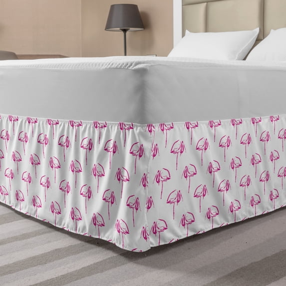 Flamingo Bed Skirt, Hand Drawn Sketchy Long-legged Tropical Animals on a Plain Background, Elastic Bedskirt Dust Ruffle Wrap Around for Bedding Decor, 4 Sizes, Hot Pink and White, by Ambesonne