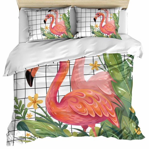 Flamingo Bedding 3 Piece Duvet Cover Set Twin Size, Summer Botanical Flowers Tropical Leaves Plaid Microfiber Comforter Cover with Zipper Closure & Pillowcases, Wrinkle & FadeResistant Quilt Cover