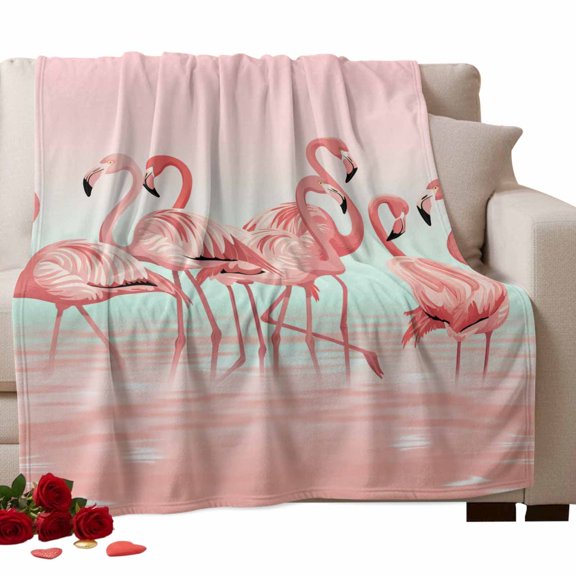 Flamingo Bird Fleece Throw Blanket Lightweight Summer Tropical Pink Animals Gradient Pink Blue Water Ripples Fuzzy Flannel Throws Super Soft Cozy Flannel Blanket for Couch, Sofa, Bed, Travel 40"x50"
