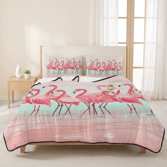 Flamingo Bird on Gradient Background 3 Pieces Quilt Set,1 Quilt with 2 Shams,Tropical Pink Animal Patterns Bedspread Soft Lightweight Bedding Coverlet Comforter Set for All Season 96"x106"