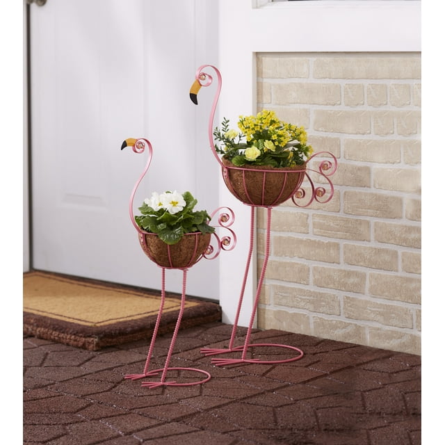 Flamingo Bird Planters with Coconut Fiber Basket - Pink - Set of 2