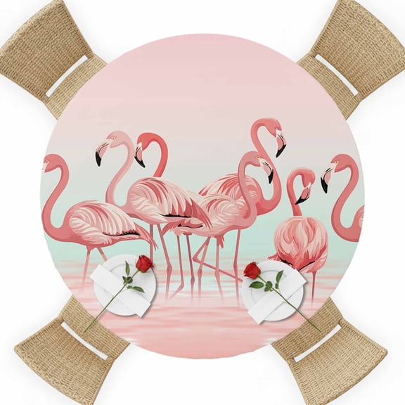 Flamingo Bird Round Table Cover, Summer Tropical Pink Animals Gradient Pink Blue Water Ripples Waterproof Fitted Tablecloths for 36"-44" Tables, Washable Picnic Table Cover for Camping Dining Indoor