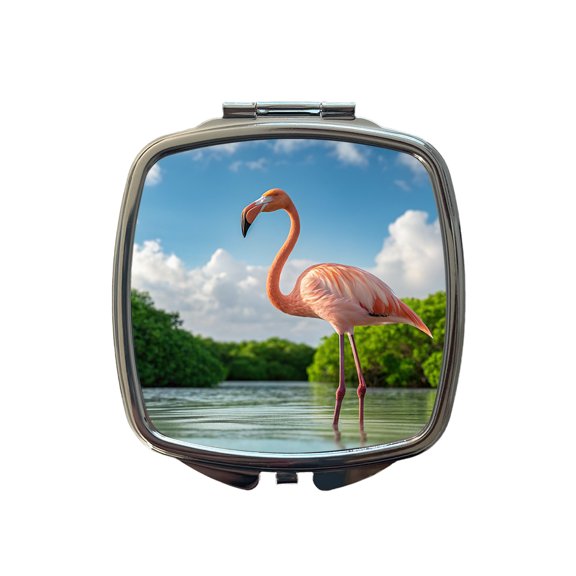 Flamingo Bird Standing In Water Travel Makeup Handbag Purse Small Pocket Compact Mirror
