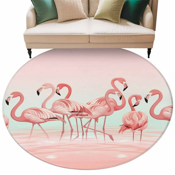 Flamingo Bird Washable Round Area Rug 8 ft, Summer Tropical Pink ...