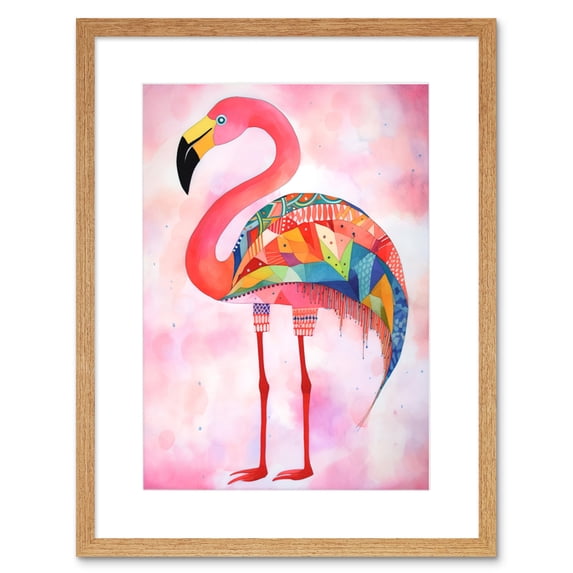 Flamingo Bird With Multicolour Patterns Folk Art Watercolour Painting Artwork Framed Print Wall Art 9X7 Inch