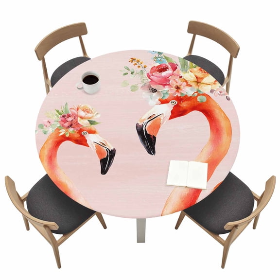 Flamingo Birds Fitted Tablecloth with Elastic Edged, Round Table Cloth for Dining Table, Pink Animals Floral Abstract Oil Painting Waterproof Oil Proof Table Cover for Indoor Outdoor 36"-44"
