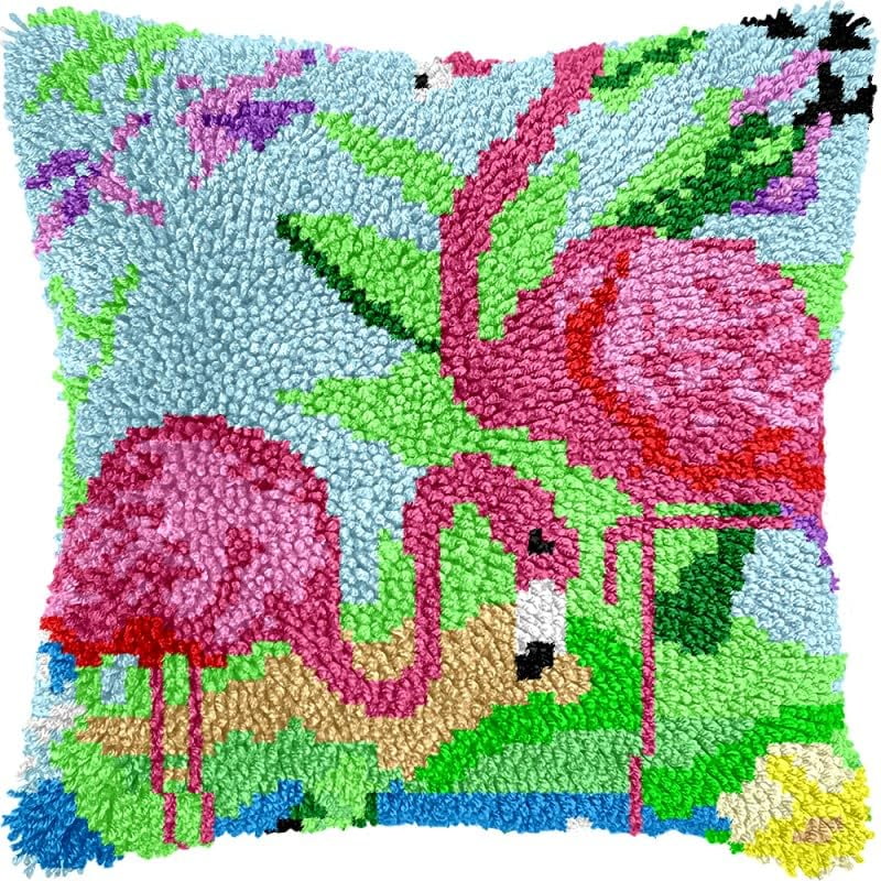 Flamingo Birds Latch Hook Pillow Kits Pillow Cover with Pattern Printed Canvas Crochet Cross Hooking Pillowcase Cushion Crafts Embroidery Latch Hooking Crochet Kits 17x17 inch(38)