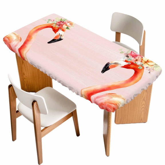 Flamingo Birds Table Cloths for 6 Foot Rectangle Tables, Pink Animals Floral Abstract Oil Painting Patio Waterproof Elastic Fitted Tablecloths, Washable Rectangular Table Cover for Camping