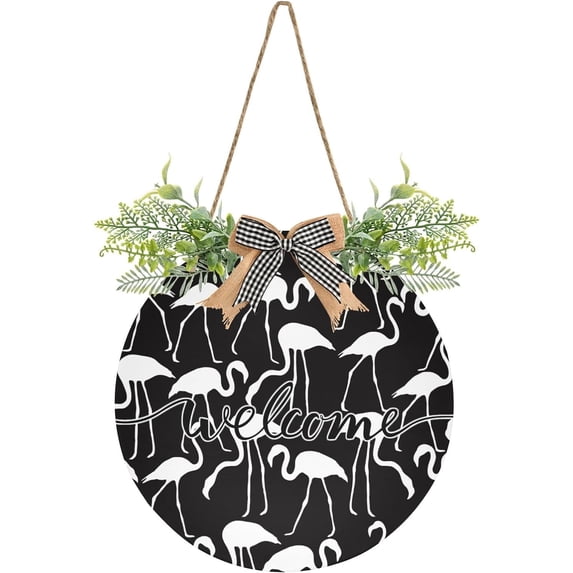 Flamingo Black Cool Welcome Sign Farmhouse Front Porch Door Hanging Welcome Wreath for Holiday Wall Home 12 X 12 in Home Decor