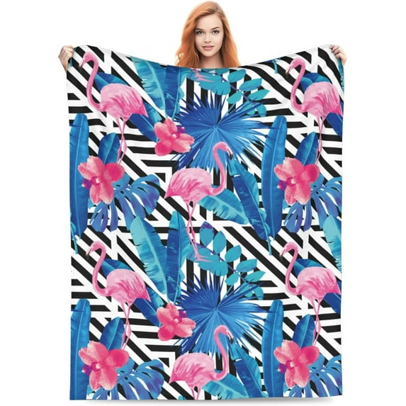 Flamingo Blanket 50''''x40'''' Watercolor Tropic Pink Flamingos and Orchid with of Trendy Blue Floral Plant Jungle Palm Banana Leaf Blankets Paradise Beach Summer Bird. Black and White Geometric