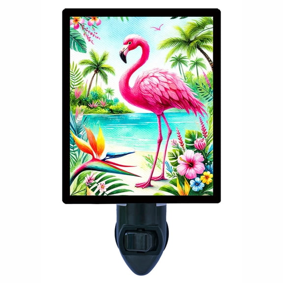 Flamingo Bliss Night Light Tropical Flamingo Scene with Palm Reflections, Coastal Home Dcor, Free Switchable Insert