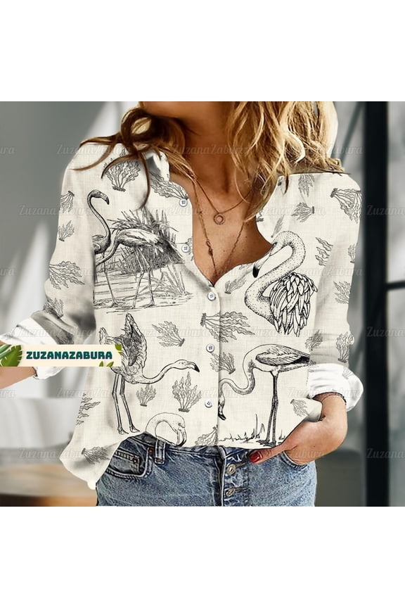 Flamingo Blouse Shirt, Flamingo Shirt For Her, Bird Tropical Casual Shirt, Animal Lover Gift, Women Shirt, Gift For Her, Button Up Shirt, Blouses Tops Women