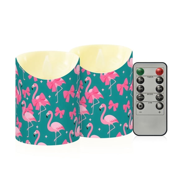 Flamingo Bow Pattern Flameless Candles 2 PCS with Remote Realistic Moving Flame LED Tapered Pillar Set for Home Decor