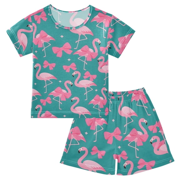 Flamingo Bow Pattern Summer Pajama Set Soft Cotton Short Sleeve Sleepwear 2PCS Pajama Sets Breathable Lounge Set Size 10Y