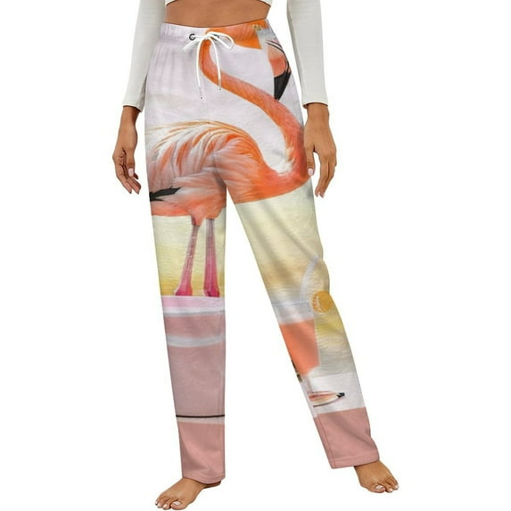 Flamingo Bucket Palm Vibes Winter Female Pants Flannel High Waist Women Pants Lady Warm Straight Leg Plush Trousers