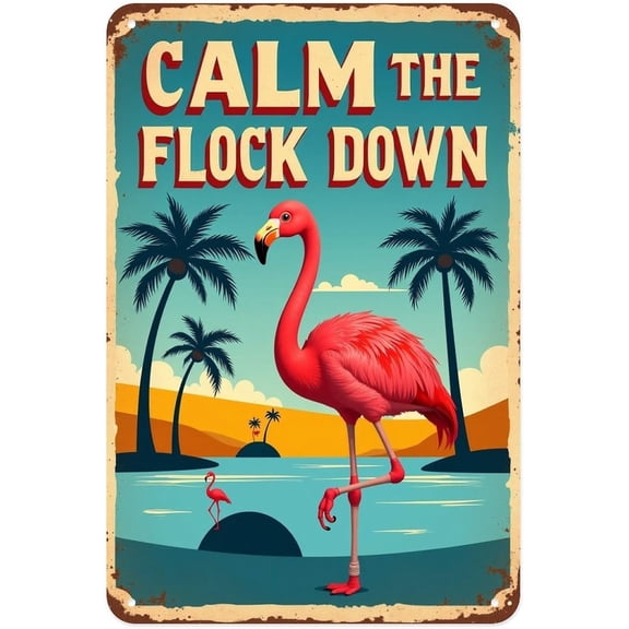 Flamingo Calm The Flock Down Tin Sign Vintage Tropical Flamingo Beach Metal Sign Print Aesthetic for Garden Yard Bar Porch Home Bedroom Kitchen Wall Art Decor Gift 8 X 12 in