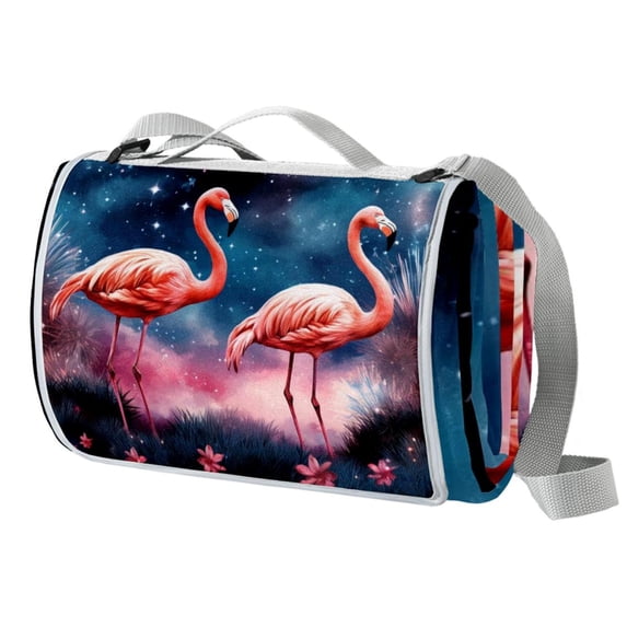 Flamingo Canvas Waterproof Picnic Blanket Mat for Outdoor Traveling and Camping, Large Foldable Beach Rug with Waterproof Backing, Portable and Durable Family Size Mat with Carry Handle