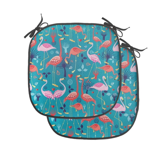 Flamingo Chair Seating Cushion Set of 4, Colorful Interpretation of Animals and Heart Leaves Swirls Motifs Ornamental, Seat Pads for Office with Anti-slip Backing, 16"x16", Multicolor, by Ambesonne