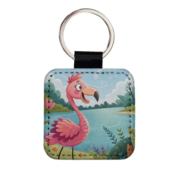 Flamingo Children's Illustration Style Faux Leather Square Keychain