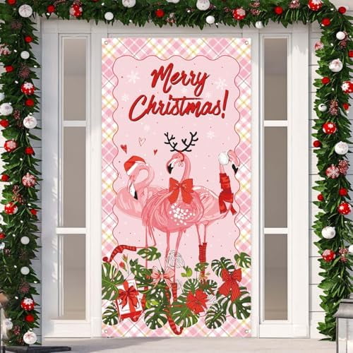 Flamingo Christmas Door Cover Beach Banner Tropical Coastal Hawaiian Xmas Decor Flamingo Christmas Decorations for Home Party