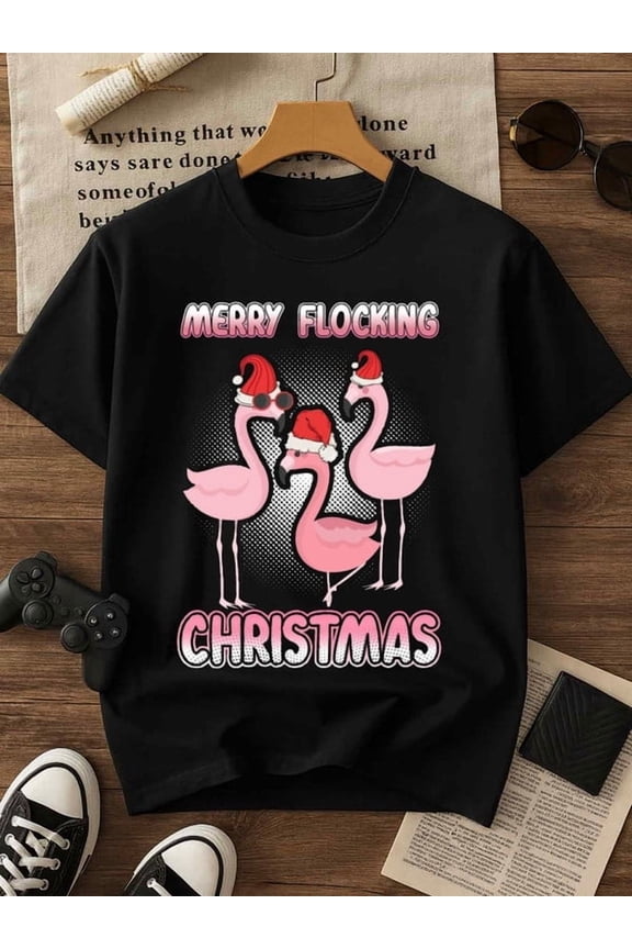 Flamingo Christmas Tee Christmas t-shirt t-shirts men 180G 100% Cotton black Regular Fit, Everyday Comfort, Comfortable Casualwear, Urban Style, New spring and autumn trendy printed T-shirts humor C
