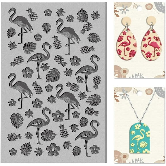 Flamingo Clay Texture Mat Tropical Plants Flowers Polymer Texture Sheets DIY Tools for Clay Pottery Earring Jewelry Making Stamp Engraving Machines 3.9x2.6inch Mixed Color