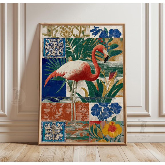 Flamingo Collage Poster Blue Tile Botanical Art Print Tropical Bird Wall Decor 1