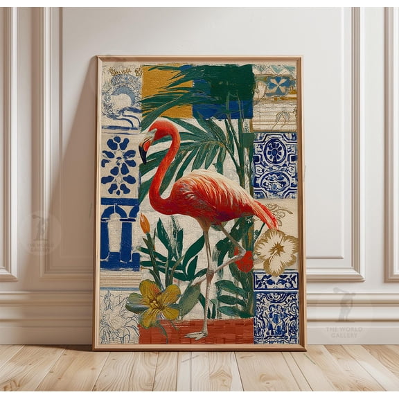 Flamingo Collage Poster Blue Tile Botanical Art Print Tropical Bird Wall Decor