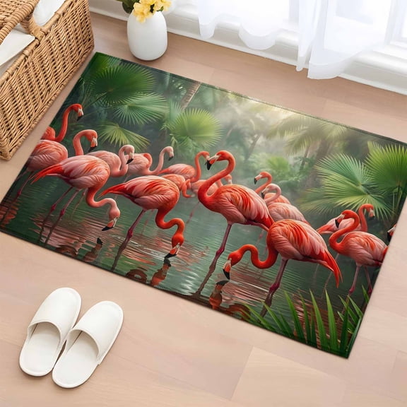 Flamingo Colony 2'x3' Rug for Entryway Front Door Kitchen Sink Area, Animal Jungle Leaf Tropical Pond Rainforest Botanical Low Pile Washable Non Slip Rectangle Area Rug