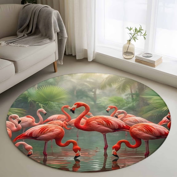 Flamingo Colony 4' Round Rug for Cozy Reading Nook Home Office Chair Area, Animal Jungle Leaf Tropical Pond Rainforest Botanical Washable Non Slip Circle Area Rug