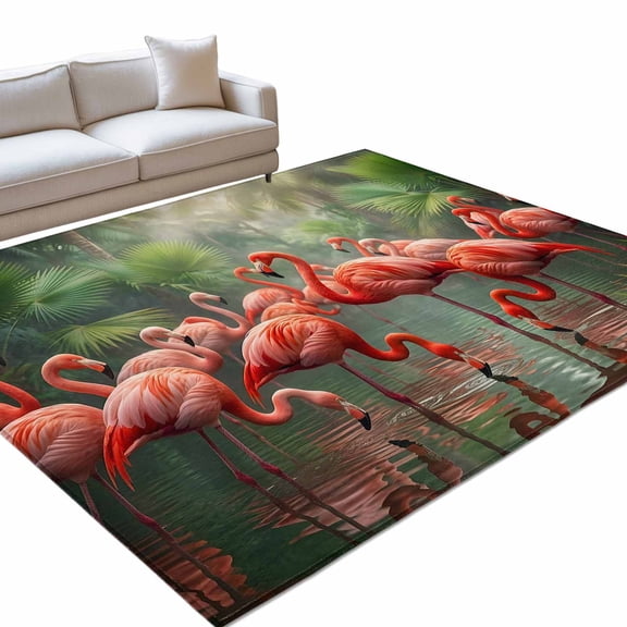 Flamingo Colony 5x8ft Non Slip Area Rug Animal Jungle Leaf Tropical Pond Rainforest Botanical Washable Soft Area Rugs for Living Room, Indoor Circle Carpet for Bedroom Dining Room Kitchen