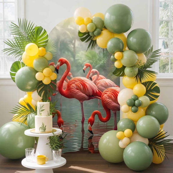 Flamingo Colony Arch Backdrop Cover, 4FT, Animal Jungle Leaf Tropical Pond Rainforest Botanical Spandex Arch Covers Double-Sided Backdrop for Wedding Birthday Party Photo Background Decoration