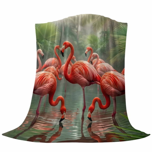 Flamingo Colony Fleece Throw Blanket Lightweight Animal Jungle Leaf Tropical Pond Rainforest Botanical Fuzzy Flannel Throws Super Soft Cozy Flannel Blanket for Couch, Sofa, Bed, Travel 50"x60"