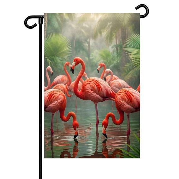 Flamingo Colony Garden Flag 12x18 Inch Animal Jungle Leaf Tropical Pond Rainforest Botanical Double Sided Small Decorative Garden Flags for Outside, Outdoor Yard Porch Lawn Decoration
