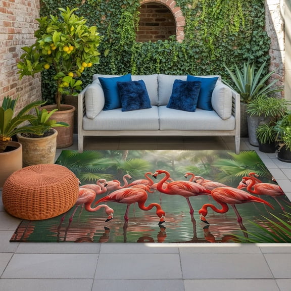Flamingo Colony Indoor Outdoor Rugs 3x5 Ft, Animal Jungle Leaf Tropical Pond Rainforest Botanical Outdoor Patio Rugs Mat Washable Outside Area Rugs Carpet for Porch Deck RV Camping Balcony Backyard