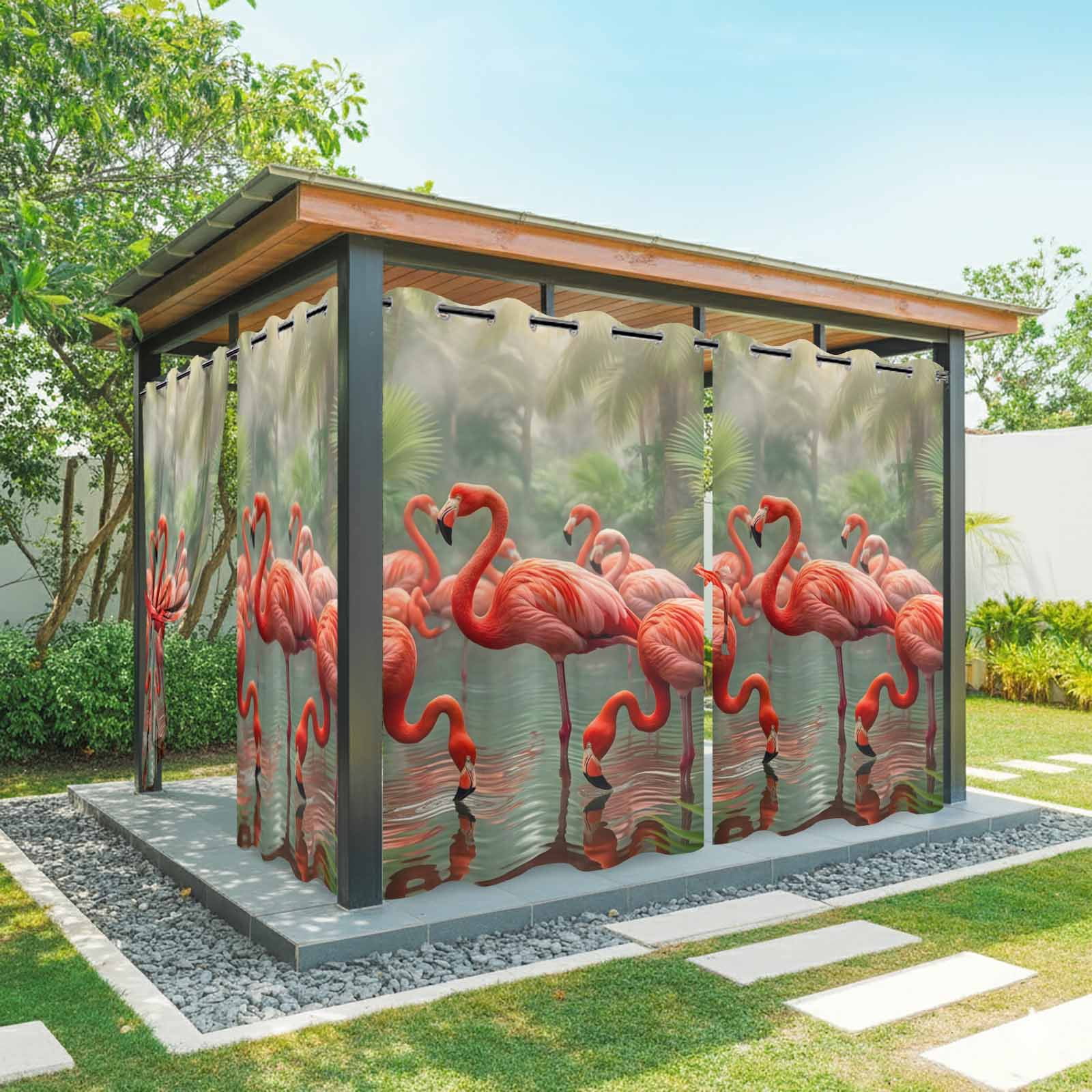 Flamingo Colony Outdoor Curtains for Patio, Animal Jungle Leaf Tropical Pond Rainforest Botanical Sunshade Privacy Drapes Grommet Waterproof Outside Curtains for Porch Balcony 54"x108", 1 Panel