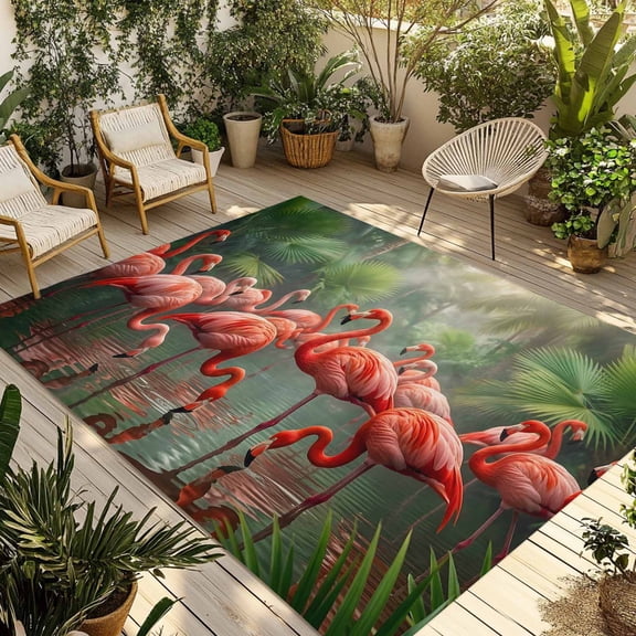 Flamingo Colony Outdoor Rug, Animal Jungle Leaf Tropical Pond Rainforest Botanical Non-Slip Area Rugs Carpet Breathable Large Floor Mat for Outdoors Patio Porch Deck Beach 3’ x 5’
