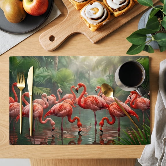 Flamingo Colony Placemats Set of 12, Animal Jungle Leaf Tropical Pond Rainforest Botanical Non-Slip Place Mats Washable Table Mats for Kitchen Dining Table Decorations Indoor/Outdoor