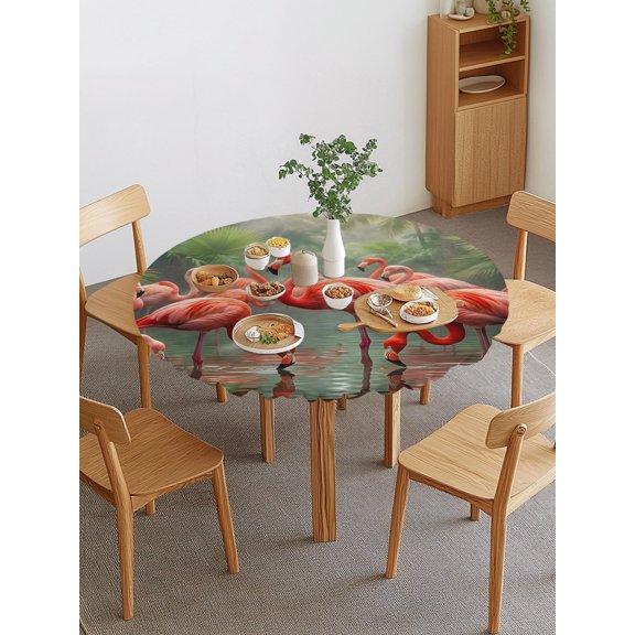Flamingo Colony Round Fitted Tablecloth with Elastic Edge, Animal Jungle Leaf Tropical Pond Rainforest Botanical Waterproof Stretch Table Covers for 45"-54" Tables Wipeable Table Cloth for Outdoor