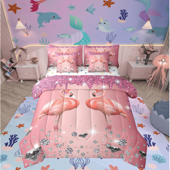Flamingo Comforter Set 7 Piece Bed in a Bag Twin,Pink Sequin Fluid Art Bedding Set,Crystal Diamond Comforter and Sheet Set Woodland Animals Bed Set,Tropical Coastal Cute Room Decor