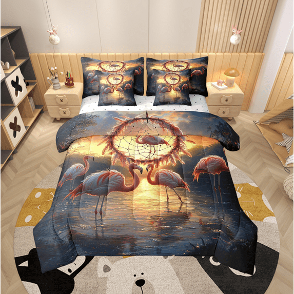 Flamingo Comforter Set Dream Catcher Lake Ocean Bedding Set Full,Safari Animals Bed in a Bag,Exotic Bohemian Decor(Comforter+Fitted+Flat Sheet+2 Pillowcases+2 Throw Pillow Covers) 7 Pieces Bed Set