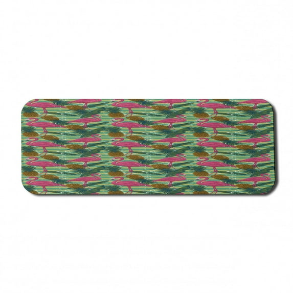 Flamingo Computer Mouse Pad, Tropical Animals on Striped Background with Pineapples Banana Leaves Grunge Look, Rectangle Non-Slip Rubber Mousepad Large, 31" x 12", Multicolor, by Ambesonne