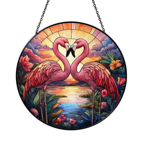 Flamingo Couple Faux Stained Glass Window Hanging – Sunset Scene