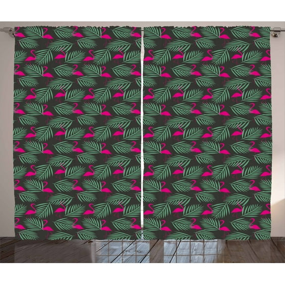 Ambesonne Flamingo Curtains 2 Panel Set, Zoo Animals in Pink, 108" x 108", Hot Pink Green Black