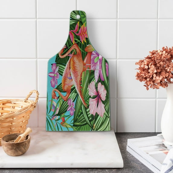 Flamingo Cutting Board, Illustration of Animal Tropical Garden Hibiscus Flower Plant Vintage, Decorative Tempered Glass Cutting and Serving Board, Wine Bottle Shape, Green Pink Blue, by Ambesonne