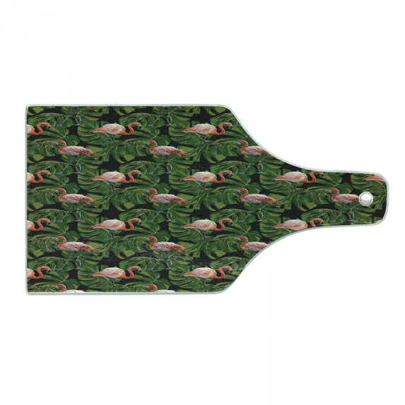 Flamingo Cutting Board, Repetitive Pattern of Exotic Bird and Monstera Leaves, Decorative Tempered Glass Cutting and Serving Board, in 3 Sizes, by Ambesonne